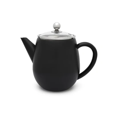 Image of Small Black Double Walled Stainless Steel Teapot 1.1 litres with Filter Strainer for Preparation of Loose Tea