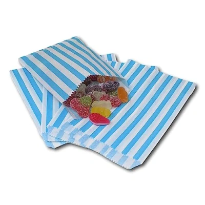 Image of EPOSGEAR® 100 Coloured Candy Stripe Sweet Paper Party Bags Ideal for Gift Shops, Wedding Favours, Carts, Buffets etc (Blue, 5&quot; x 7&quot;)
