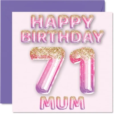 Image of 71st Birthday Card for Mum Pink &amp; Purple Glitter Balloons Happy Cards 71 Year Old Mother from Son Daughter, 145mm x Bday Greeting Gift