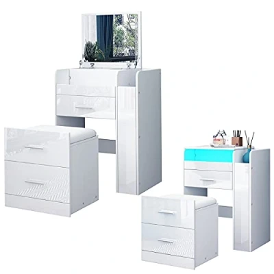 Image of AWOOOD White Dressing Table Vanity Set with LED Lights Flip Up Mirror Makeup Desk 3 Drawers &amp; Cushioned Stool for Bedroom Living Room