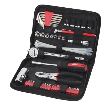 Image of Apollo Tools 56 Piece Compact SAE Auto Tool Set in Zippered Case, Small Mechanic for Car Emergency, Motorcycle Repair on the Road, Great Travel Needs Red DT9774