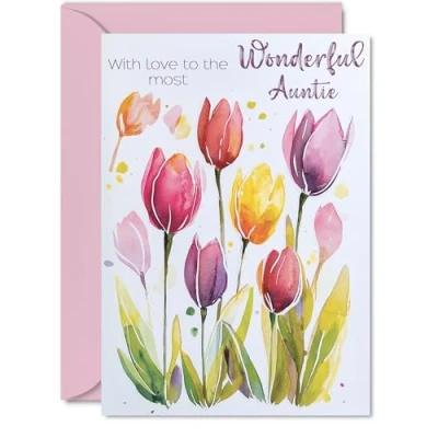 Image of Auntie Birthday Card Watercolour Tulips Flowers Happy for from Nephew Niece, A5 Female Floral Bday Greeting Cards