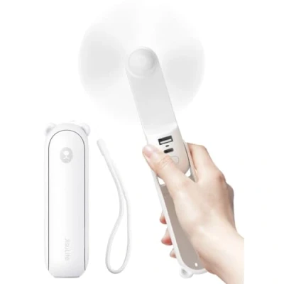 Image of JISULIFE Handheld Fan with 4500 mAh Powerbank Max 46 Hours Runtime,Pocket Portable Battery Operated or USB Powered Folding Personal Fan,Rechargeable Quiet Mini White