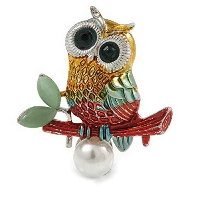 Image of Avalaya Multicoloured Owl Brooch in Silver Tone 40mm Tall