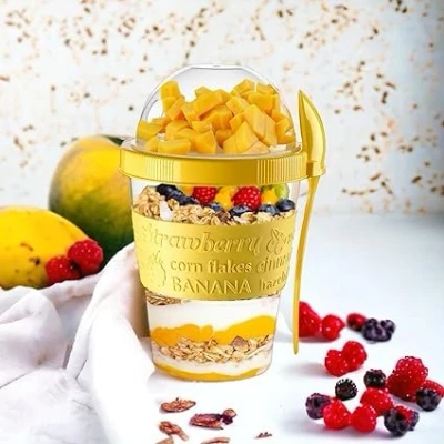 Image of vingardium leviosa Yogurt Pots Spoon Reusable 600ML Overnight Oats Muesli Cup with Lid BPAfree Breakfast Cereal To Go Dishwasher Safe Snack Lunch Oatmeal Jars Travel Meal Food Container 20oz (Yellow)