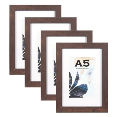 Image of Scholar Tree Walnut A5/21X14.8cm Photo Frames Set of 4, Wooden Picture for Freestanding and Wall Mountable