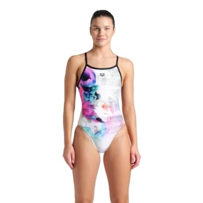 Image of ARENA Women&#039;s Standard Performance Airbrush Challenge Back Swimsuit Sporty Bathing Suit, Black/White/Multi