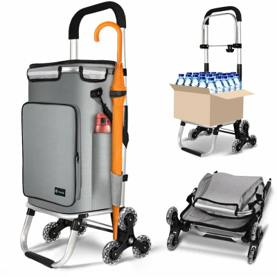 Image of VOUNOT Folding Shopping Trolley on 6 Wheels, Aluminium Lightweight Cart with Insulated Cooling Bag, 2 Hooks, Side Pockets, Stair Climbing Grocery Trolley, 50L Grey