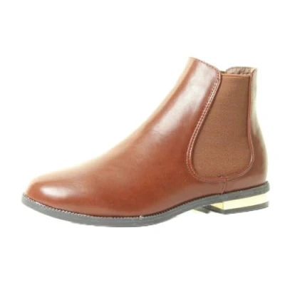 Image of Womens Flat Gold Trim Chelsea Ankle Boots Elastic Gusset Pull On Black Brown Shoes Sizes 3 4 5 6 7 8
