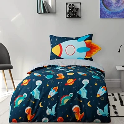 Image of Sleepdown Dinospace Rocket Stars Navy Multi Reversible Duvet Cover Quilt Pillow Case Bedding Set Soft Easy Care Single (135cm x 200cm)