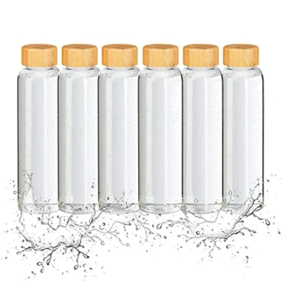 Image of Relaxdays Glass Bottle Set of 6, with Fabric Holder, 500 ml, Dishwasher Safe, Water Resistant, Transparent/Black, 24x7.5x7.5cm