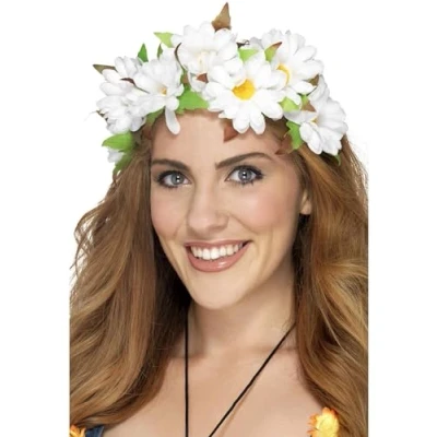 Image of Smiffys Daisy Floral Headband, White , 1960&#039;s Groovy Fancy Dress, Hawaiian Dress Up Accessories