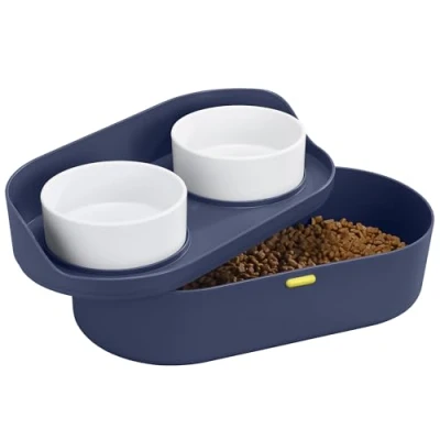 Image of Navaris Raised Dog Food Bowls with Stand Elevated Pet Bowl Feeding Station for Large, Medium, and Small Dogs High 2 Feeder Storage &amp; Splash Proof Feature Navy Blue