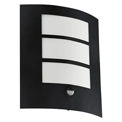 Image of EGLO Outdoor Wall Light City with Motion and Twilight Sensor, Porch Lighting, Waterproof Outside Lamp Made of Black Galvanized Steel White Plastic, E27 Socket, IP44