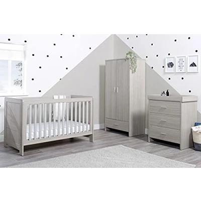 Image of Ickle Bubba Pembrey Nursery Furniture Set (3 Piece) Convertible Cot Bed with Finest Mattress, Changing Unit &amp; Wardrobe (Ash Grey)
