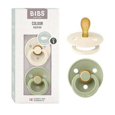 Image of BIBS Colour Symmetrical Soother 2 Pack, BPA Free Dummy Pacifier, Nipple. Natural Rubber Latex, Made in Denmark. 0 6 Months (Pack of 2), Ivory / Sage
