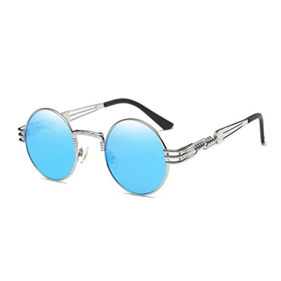 Image of Dollger John Lennon Style Retro Steampunk Sunglasses for Women Men Round Hippie UV400 Protection Flat Lens Metal Frame Eyewear(Blue Mirror Lens/Silver Frame)