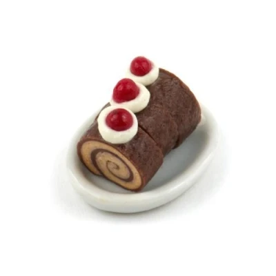 Image of MyTinyWorld 3 Slices of Dolls House Miniature Chocolate Roulade Cake On a Plate
