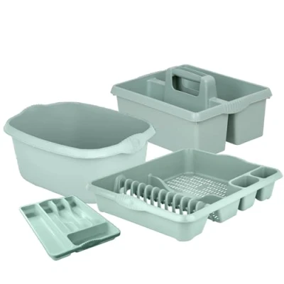 Image of KetoPlastics Sage Green 4 Piece Kitchen Set 14L Rectangular Washing Up Bowl Dish Drainer Cleaning Caddy and Cutlery Tray For Home Made in UK