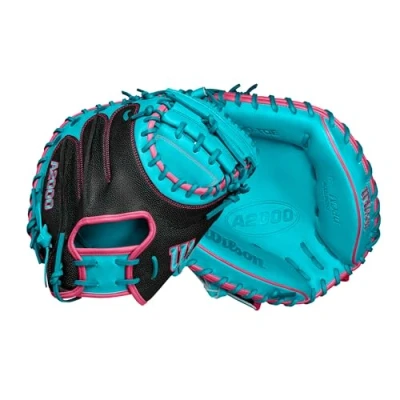 Image of Wilson Fall 2024 A2000® CM33SS 33 Baseball Catcher’s Mitt Right Hand Throw, Black/Teal/Flamingo