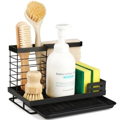 Image of Sinnsally Kitchen Sink Caddy Organiser,Sponge Holder for Tidy,Sink Storage Rack,Sinkware Organizer,Washing up with Removable Drip Tray,Dishcloth Hanger,Kitchen Utensil Countertop