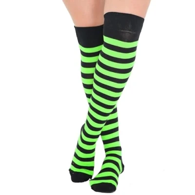 Image of Crazy Chick New Ladies Girls Stripe Stripy Striped Over The Knee Thigh High Long Socks Assorted Colours UK Size 4 6 (Black &amp; Green)