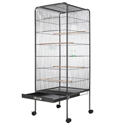Image of Large Aviary Bird Cage With Stand &amp; Slide Out Tray Metal XXL Portable Birds House For Budgie Parrot Macaw Canary Rolling Lockable Wheels 146x54x54cm Silver Anthracite