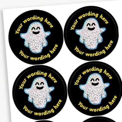 Image of 140 Personalised Holographic Sparkly Ghost Motivational School Praise Teachers Reward Stickers 37mm Primary Teaching Services