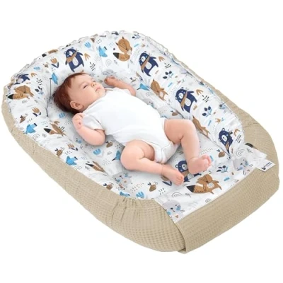 Image of Medi Partners Baby nest Pod Newborn Sleepyhead 100% Cotton Waffle 100x60x15cm Bed Pillow Accessories Cocoon for Babies (Boho with brown Waffle)