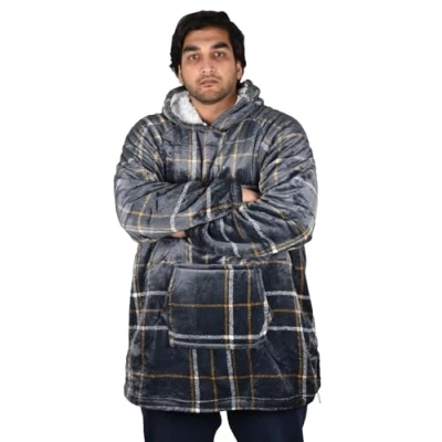 Image of True Face Blanket Hoodie Unisex Oversized Ladies Sherpa Fleece Ultra Plush Hooded Sweatshirt Check Black One Size