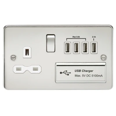 Image of KnightsBridge Flat plate 13A switched socket with quad USB charger polished chrome white insert