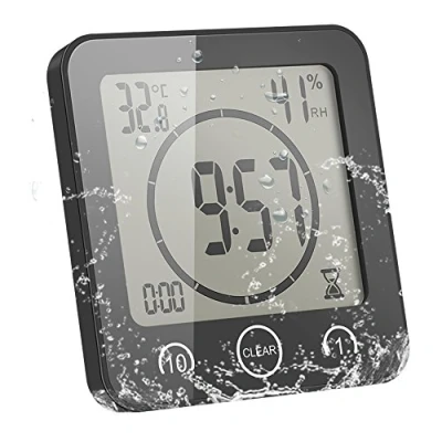 Image of ALLOMN Bathroom Clock, LCD Digital Shower Clock Alarm Waterproof Touch Control ℃/℉ Temperature Humidity, Count Down Timer, 3 Mounting Methods, Battery Power (Black)