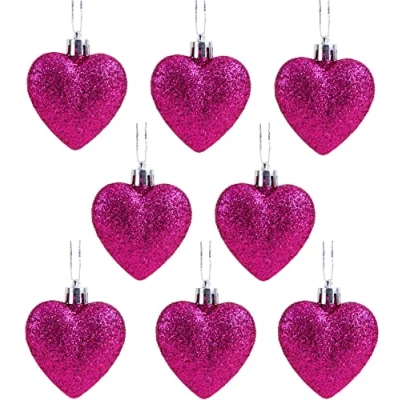Image of Christmas Concepts® Pack of 8 60mm Heart Shaped Tree Baubles Glitter Decorated (Hot Pink)