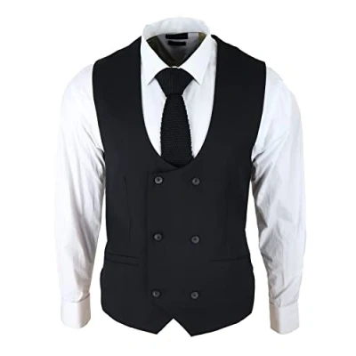 Image of Mens Double Breasted Scoop Waistcoat Classic Smart Formal Wedding Black 44