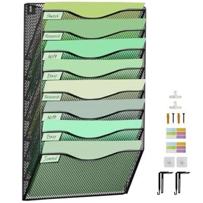 Image of IOUGDSEC 8 Tier Upgrade Mesh Wall File Holder Organizer, Medium Vertical Hanging Office Folder Magazine Rack, Nametag Label Hooks Set Included, Black