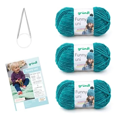 Image of Gründl Knitting Set Funny Plain (Velvety Chenille Yarn) 3 x 100 g + Needles 5 6 Instructions for a Baby Blanket 34 19 8 cm