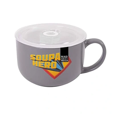 Image of YöL Grey Soupa Hero Soup Mug Bowl Dish Silicone Lid Vent Microwaveable Large 750ml Stoneware
