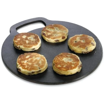 Image of KitchenCraft Baking Stone Tray, Non Stick, for Oven or Hob, Pizza, Bread, Pancake and other Recipes in Gift Box, Round, Cast Iron, 27 cm x 6.5 mm