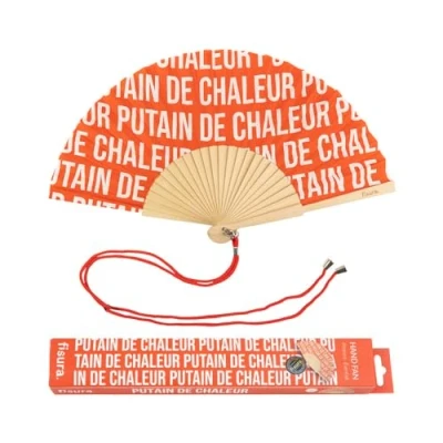 Image of Fisura Original handheld folding Fan with message in french. wooden fan. holding Hand Fans. hanger included (Chaleur, red pattern)