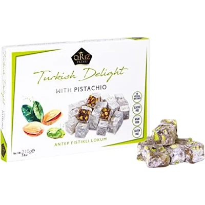 Image of Cerez Pazari Turkish Delight Pistachio Candy Gourmet Premium Vegan Sweets Small Gift Box 210g, Sweet Luxury Traditional Confectionery Soft Dessert Glucose Free Lokum (Loukoumi)