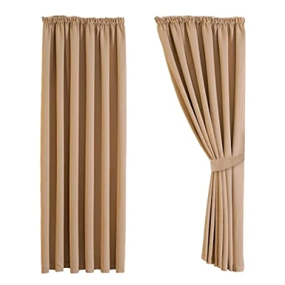 Image of Aspire Homeware Blackout Curtains for Bedroom Beige Pencil Pleat Window 90x90 Thermal Insulated Super Soft Tape Top Living Room Curtain Drapes Pair Panels + Tiebacks
