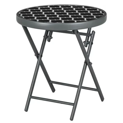 Image of Outsunny Φ45cm Garden Side Table, Outdoor Round Folding Patio Table with Imitation Marble Glass Top, Small Coffee Black and White
