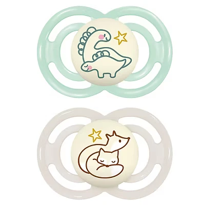Image of MAM Perfect Night Soothers 6+ Months (Pack of 2), Thinner and Softer Baby with Self Sterilising Travel Case, Newborn Essentials, White/Grey (Designs May Vary)
