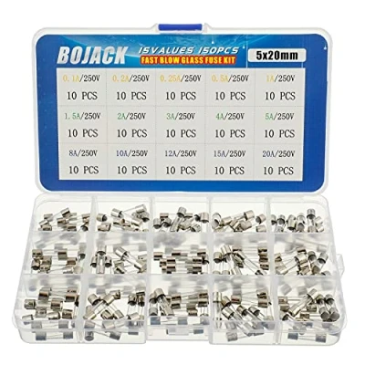 Image of BOJACK 15 Values 150pcs Fast blow Glass Fuses Assortment Kit 5x20mm 250V 0.1 0.2 0.25 0.5 1 1.5 2 3 4 5 8 10 12 20A packag in a clear plastic box