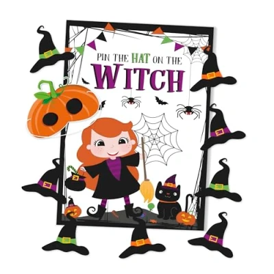Image of Eurowrap Pin the Hat on Witch Halloween Party Game Includes 1 Cardboard Mask, Poster, 12 Hats and Adhesive Dots Perfect for Parties, Novelty Game, Trick of Treat, Fun, Scary