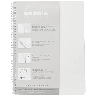 Image of RHODIA 193001C Spiral Notebook (Full Bound) White A4+ Small Squares 160 Detachable Pages Clairefontaine Paper 80 g/m Soft and Resistant Cover Classic