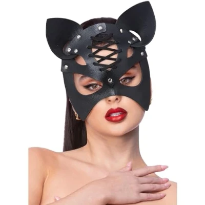Image of Smiffys Fever Black Mock Leather Cat Mask, Accessories Fancy Dress, Rabbit/Bunny Dress Up Masks