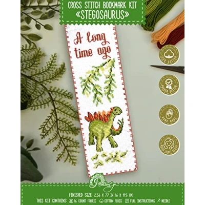 Image of Povitrulya Dinosaur Counted Cross Stitch Kit Stegosaurus DIY Bookmark Set for Hand Embroidery