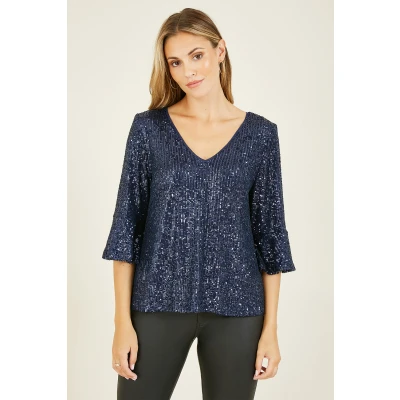 Image of Yumi Navy Sequin Relaxed Fit Top 24