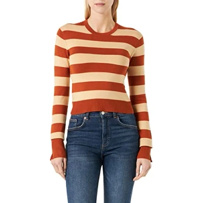 Image of JJXX Women&#039;s Jxvalentina LS Soft Cropped Knit Sweater, Bombay Brown/Stripes:/Beige, XS